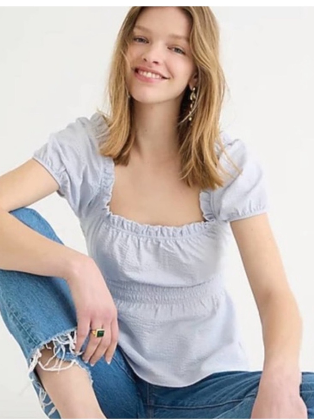 J. Crew Light Blue  Puff Sleeve Ruffled Smocked Blouse